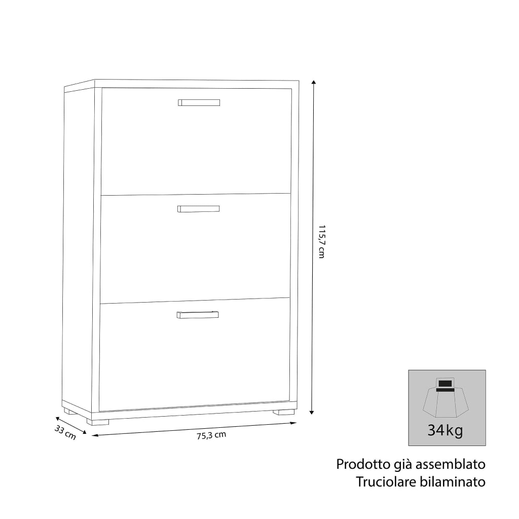 Scarpiera 3 ante a ribalta in Legno Composito cm 75 3x33x115 7 - WILLIS