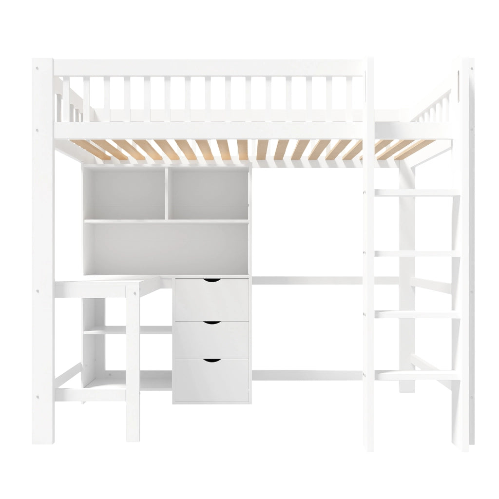 Letto a soppalco singolo 90×200 cm con scala; scrivania; 3 cassetti e ripiani; senza materasso; bianco