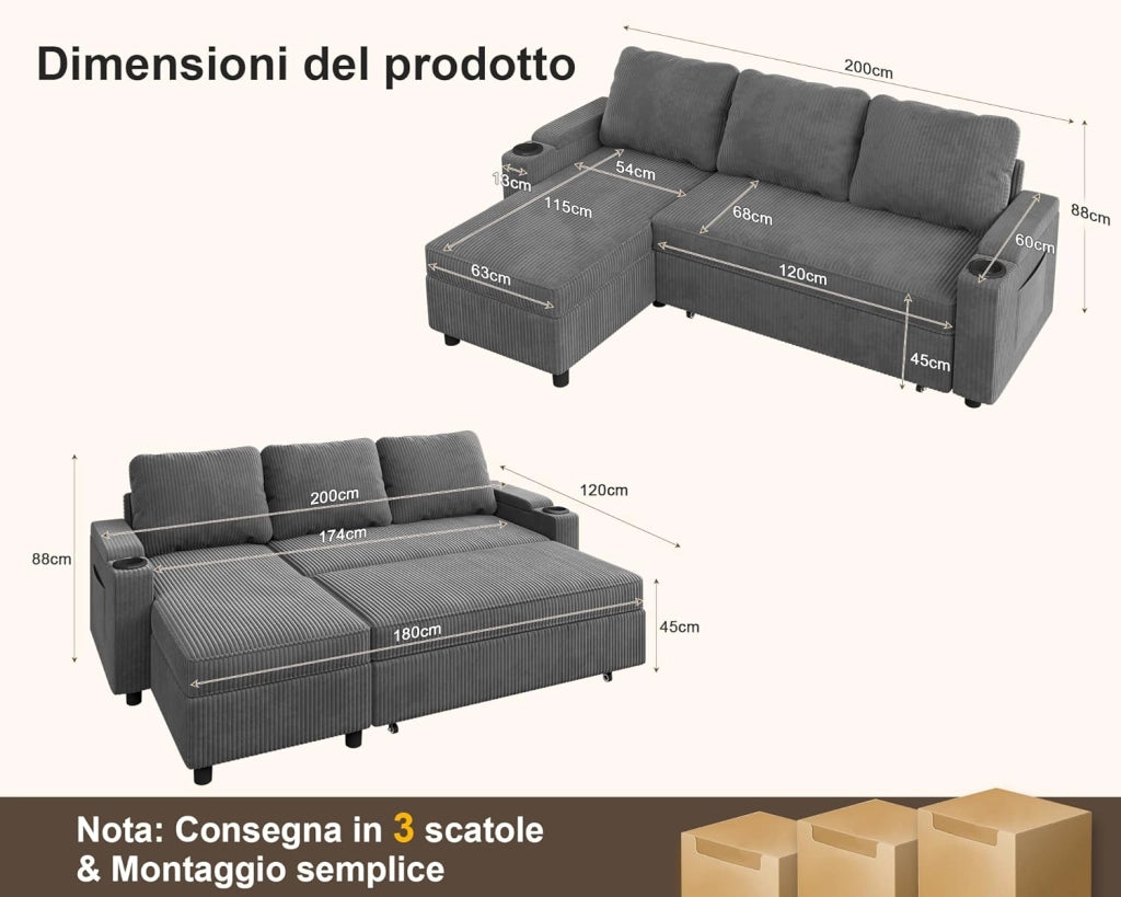 Divano Letto Chaise Longue a Forma di L, Divano da Salotto Cheslong a 3 Posti Convertibile in Letto, con Contenitore Integrato e Portabicchieri, Tessuto Morbido Beige Grigio Scuro