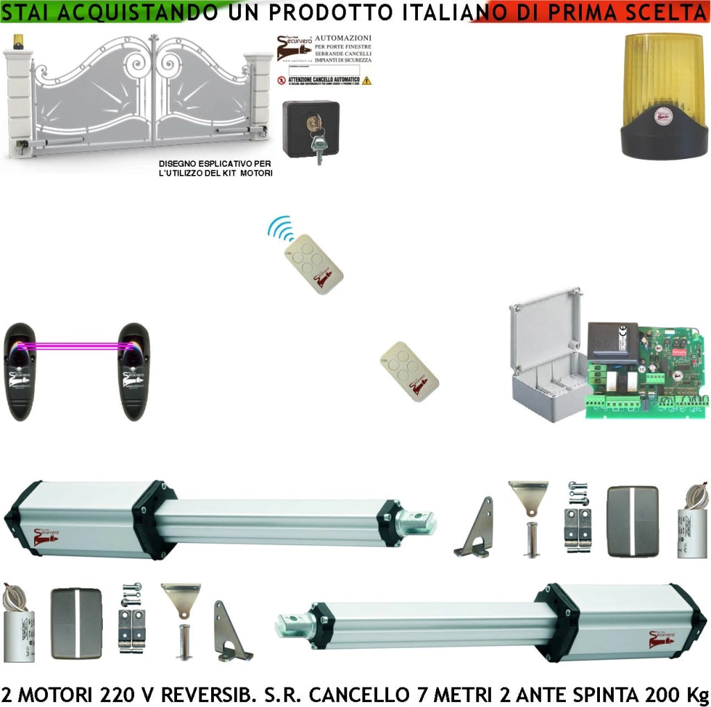 Kit Base Apricancello 220 V Ricambio X Cancello da 7 MT 2 Ante da 3,5 Metri 2 Motori 230 V Stelo Retrattile Reversibile Corsa 600 mm Spinta 250 Kg Centrale Fotocellule 2 Radiocomandi Faro Selettore