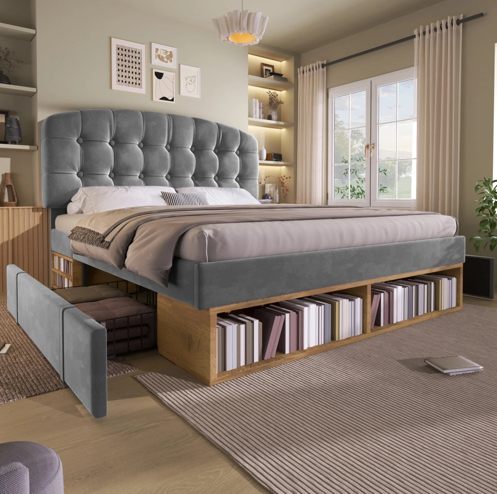 Letto imbottito 140x190 cm in velluto grigio con testiera regolabile; doghe; cassetti e vani contenitore