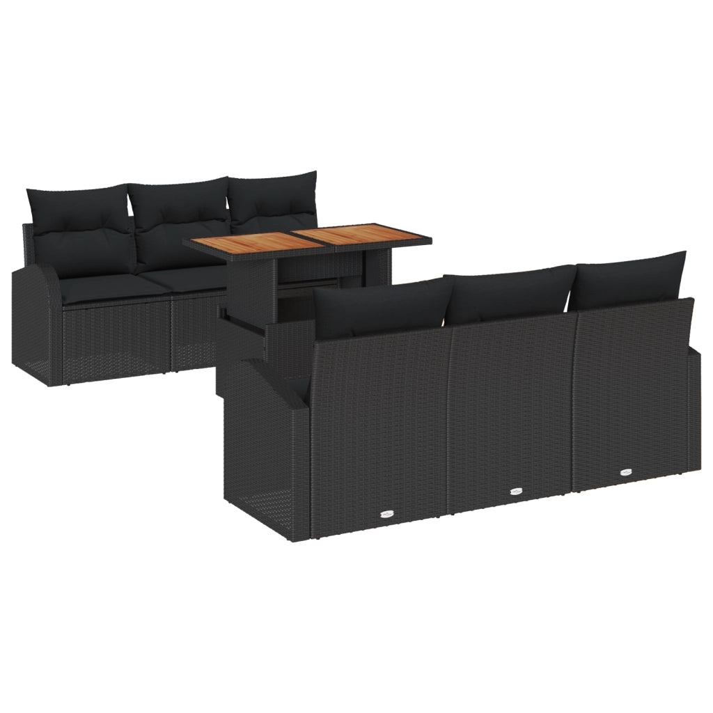Set da Pranzo da Giardino da 7 Pezzi con Cuscini Nero Rattan Poliacetato