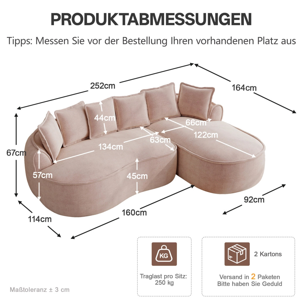 Divano modulare rosa in chenille con chaise longue profonda e cuscini