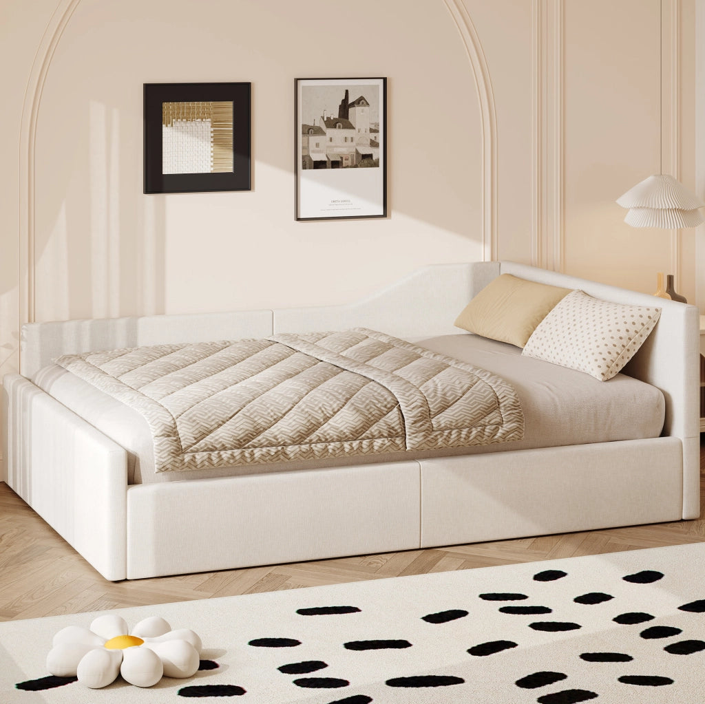 Divano letto imbottito 140x200 cm beige con vano contenitore e doghe
