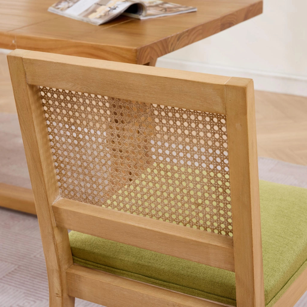 Set di 2 sedie da pranzo, schienale in vimini, stile rustico, struttura in legno, seduta imbottita, colore legno naturale e verde