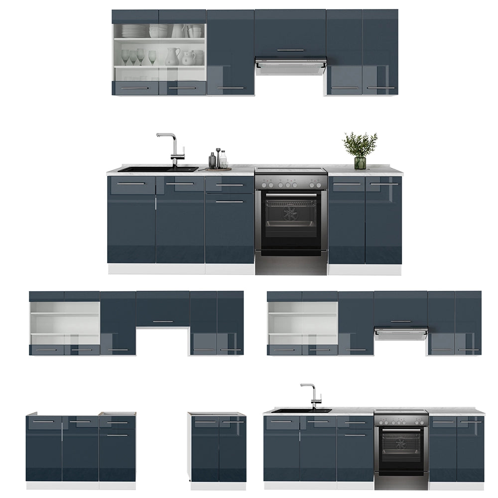 Mobili da cucina Fame-Line Blu scuro lucido/Bianco 240 cm senza piano di lavoro Vicco