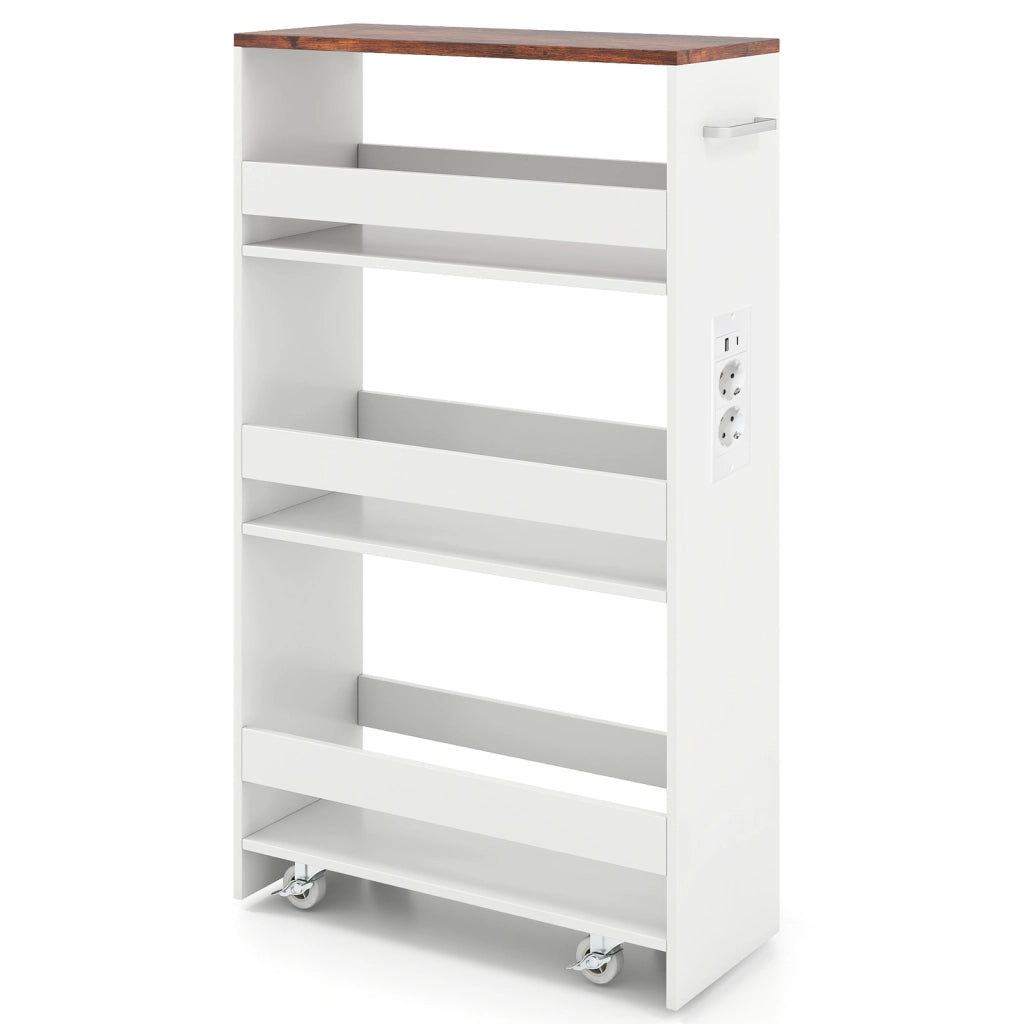 Carrello da cucina 4 ripiani con stazione di ricarica maniglia e parapetti-Scaffale stretto a sfilo con ruote bloccabili per cucina 20cm Bianco