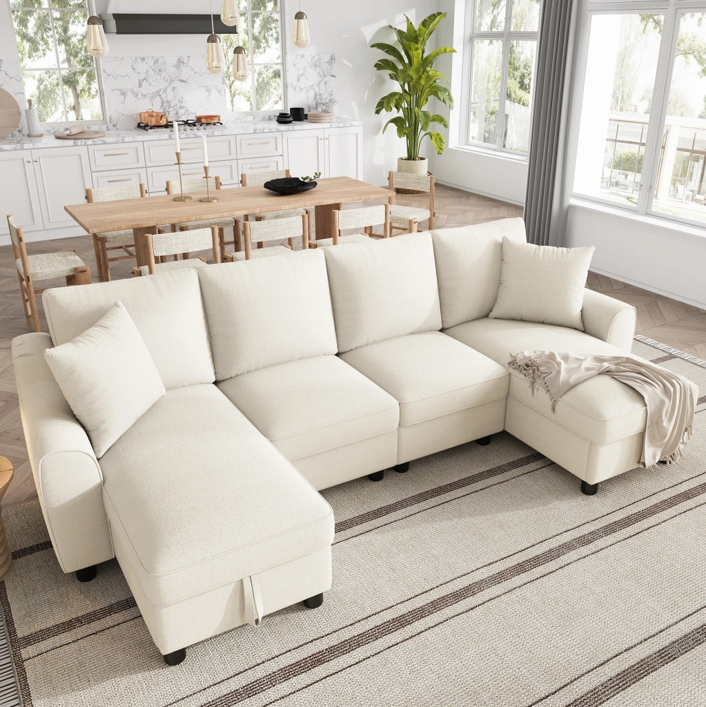 Divano a U moderno in ciniglia beige con chaise longue e vano contenitore