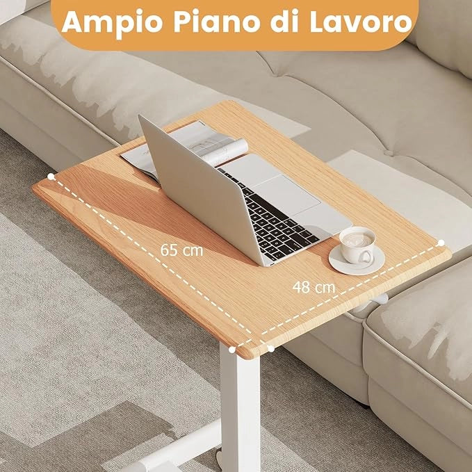 Tavolino da Divano e Letto con Ruote Bloccabili, Tavolino Porta PC Regolabile in Altezza con Pistone a Gas, Ruote Lisce, Base a Forma di H, Ideale per Lavorare e Mangiare