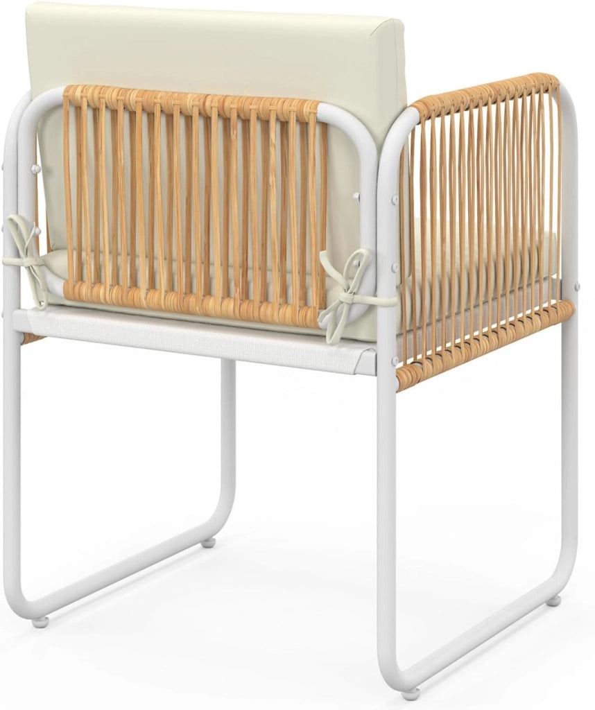 Set di 4 sedie Rio struttura in metallo bianco, corda effetto rattan chiaro e cuscini Beiges