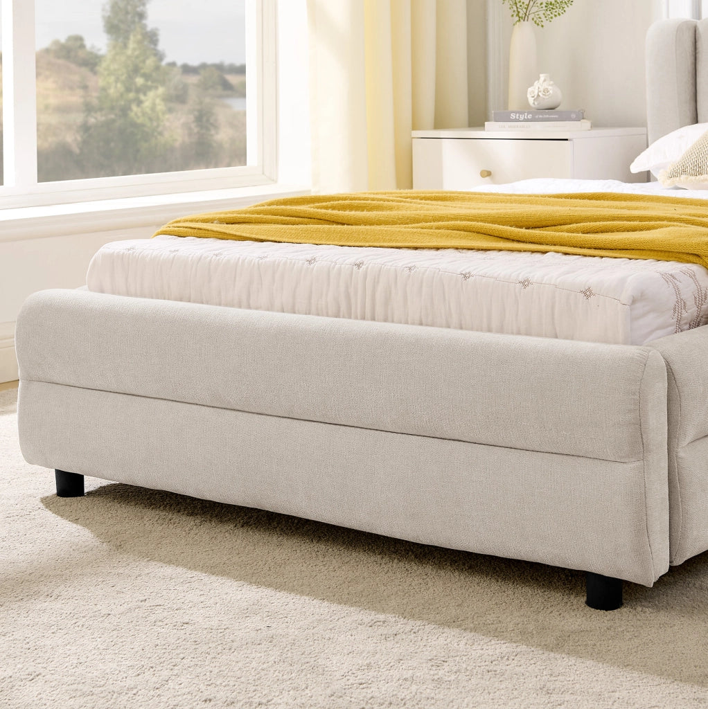 Letto singolo 90x200 cm con 2 cassetti; porte USB e Type-C; in tessuto Chenille beige