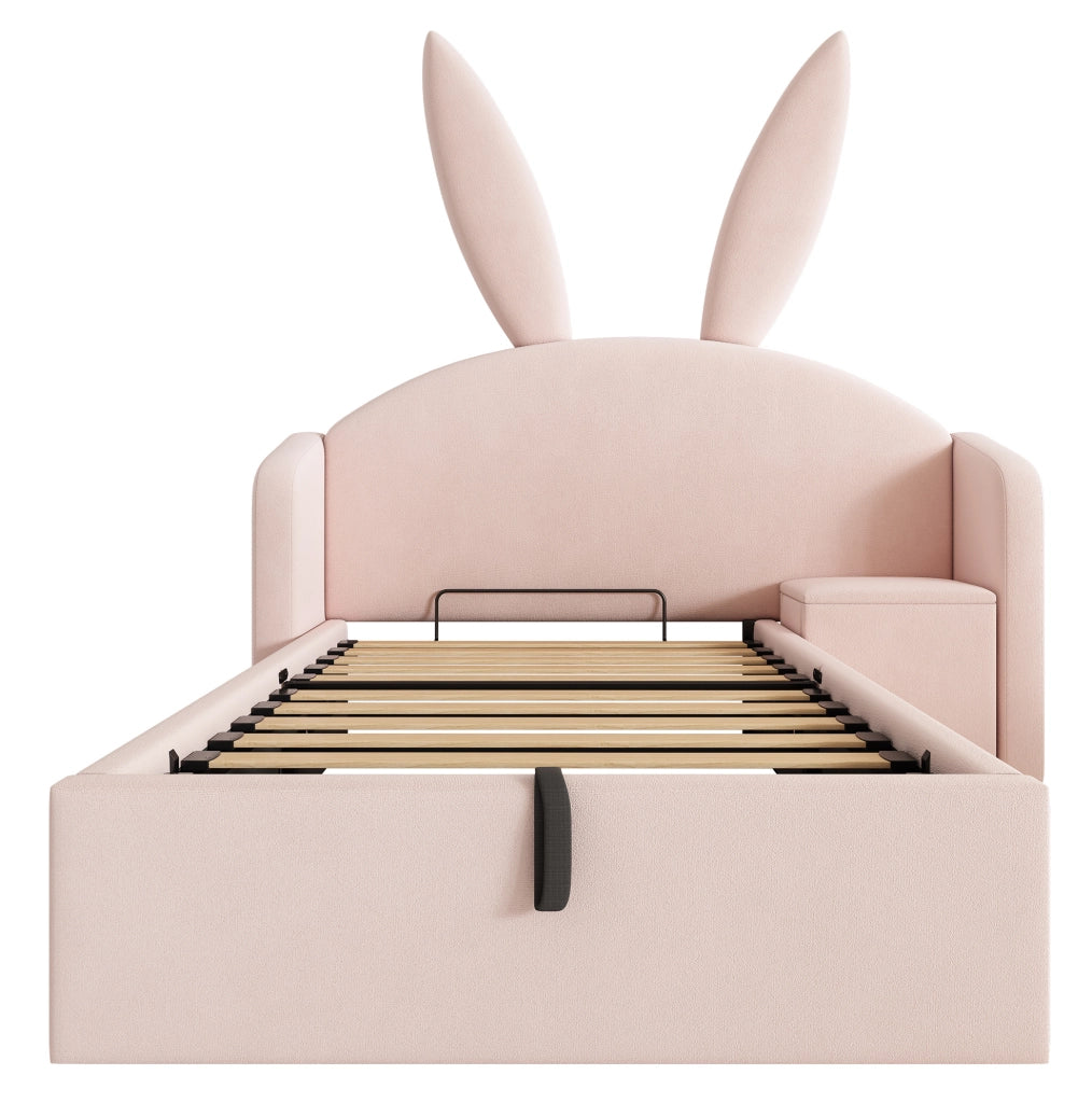 Letto imbottito 90x200 cm con comodino e contenitore in velluto rosa