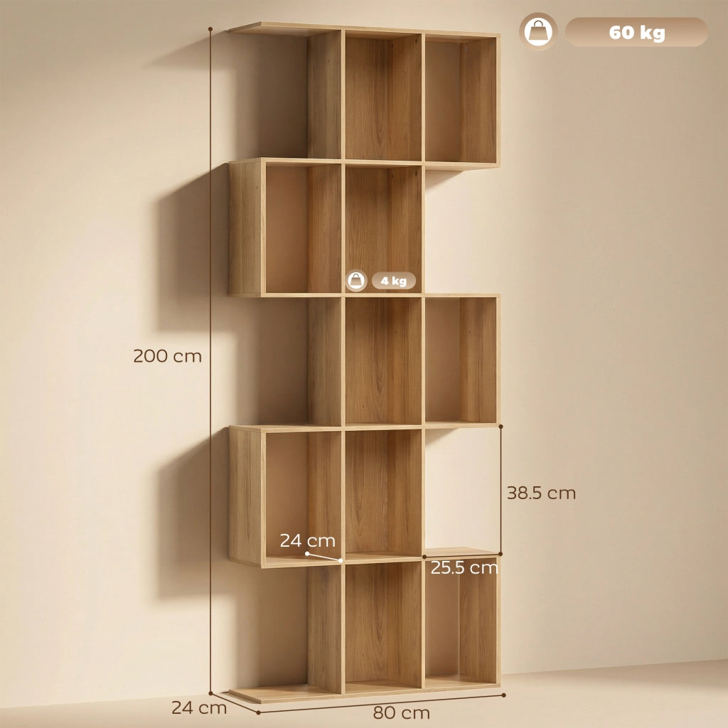 Libreria Scaffale a 5 Livelli a S con 15 Ripiani, in Legno, 80x24x200 cm, color Rovere