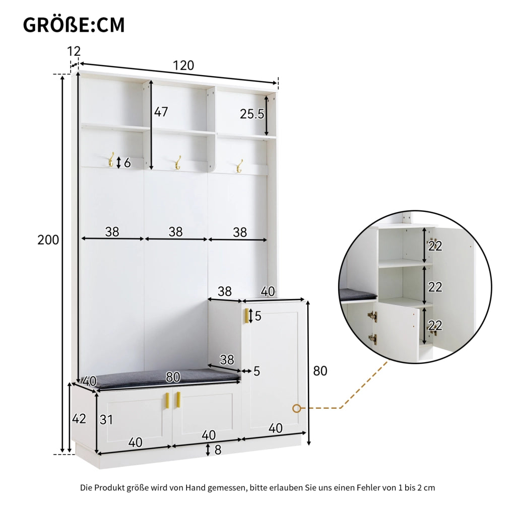 Appendiabiti da ingresso con panca e scarpiera; ripiano regolabile; 120x40x200 cm; bianco