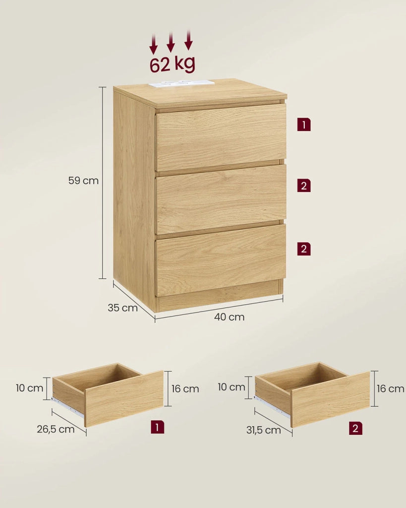 Comodino con multipresa tavolino con 3 cassetti 2 prese CA 2 porte USB frontali dei cassetti smussati per soggiorno camera da letto ufficio moderno 12_0007613