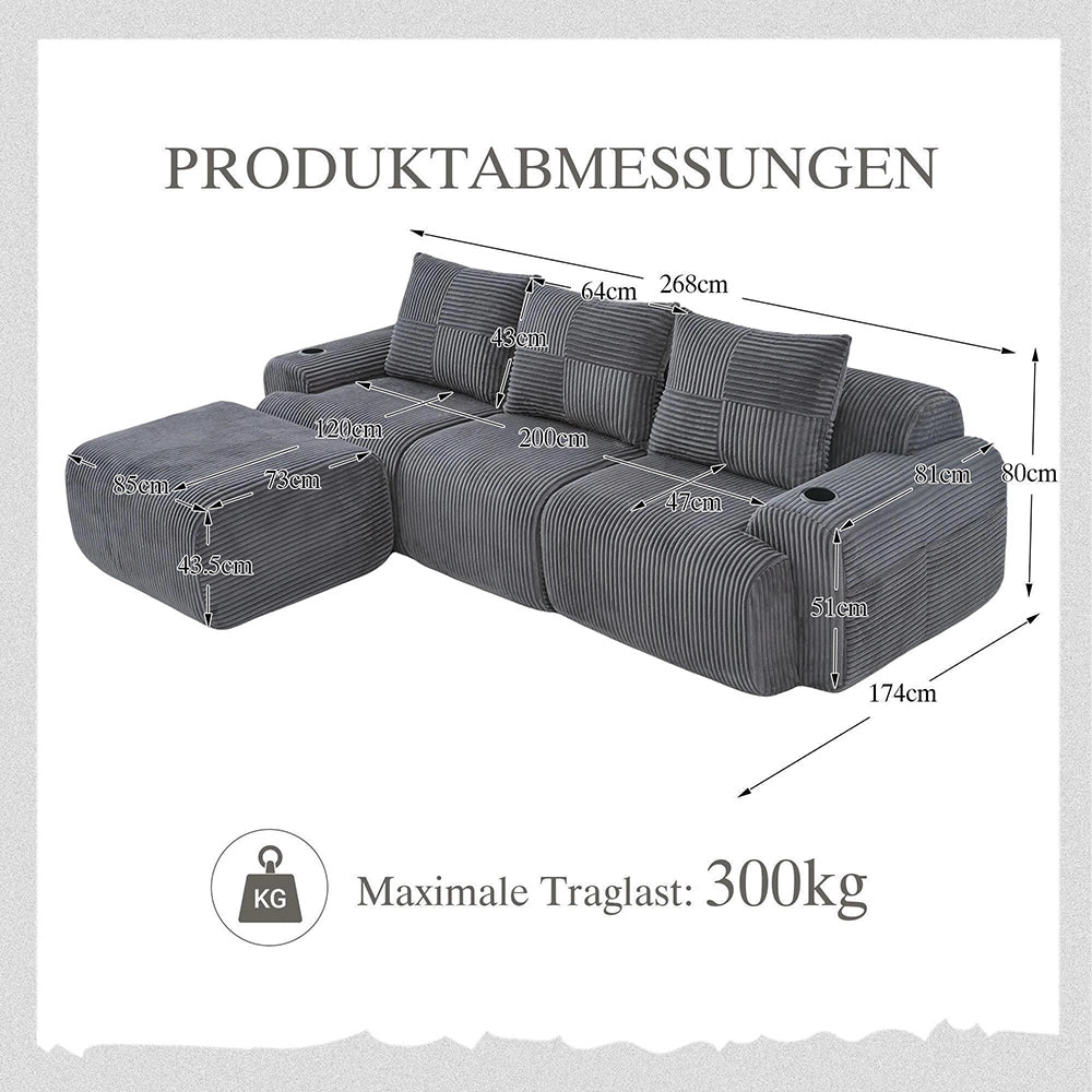 Divano modulare in velluto coste per 3 persone - Xylo - Grigio scuro - Con pouf, porta bevande, tascone laterale