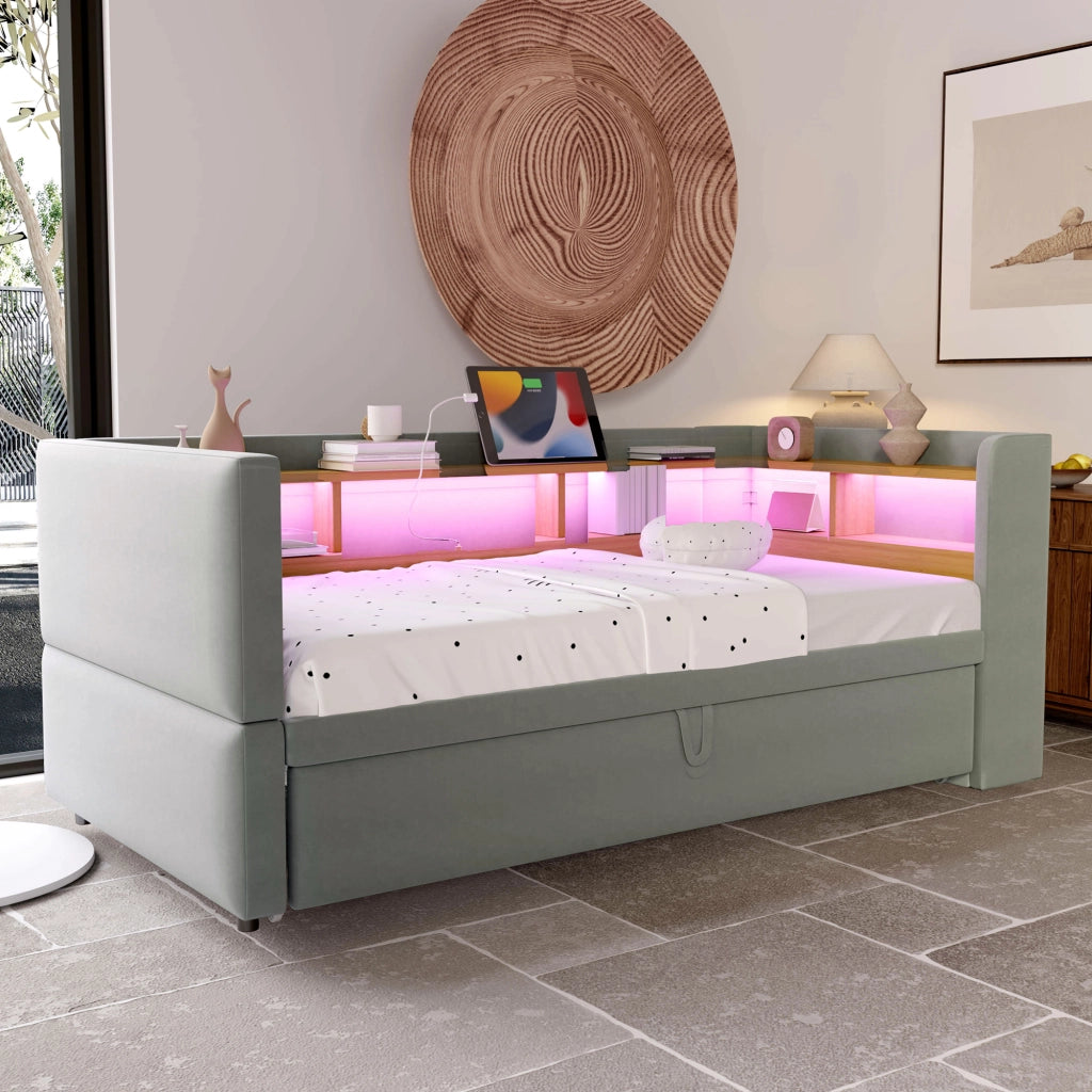 Divano letto imbottito 90/180 x 190 cm con luci LED, prese, vani contenitore e struttura in metallo