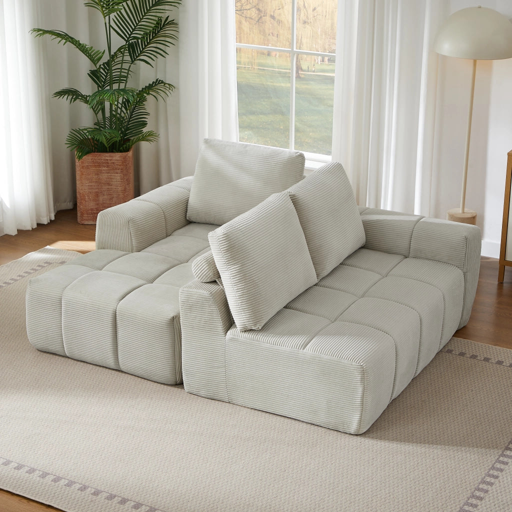 Divano angolare modulare con design capitonné e forma flessibile, senza montaggio, in velluto a coste beige