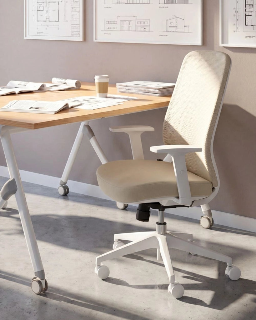 Sedia da ufficio in tessuto a rete beige con supporto lombare, braccioli regolabili e sedile scorrevole