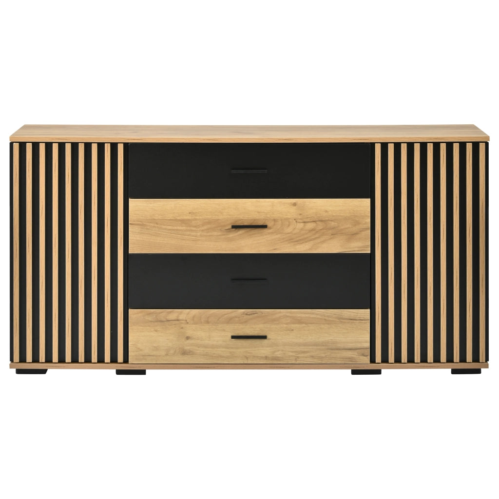 Credenza 140x35x70 cm con 4 cassetti e 2 ante; MDF; rovere e nero
