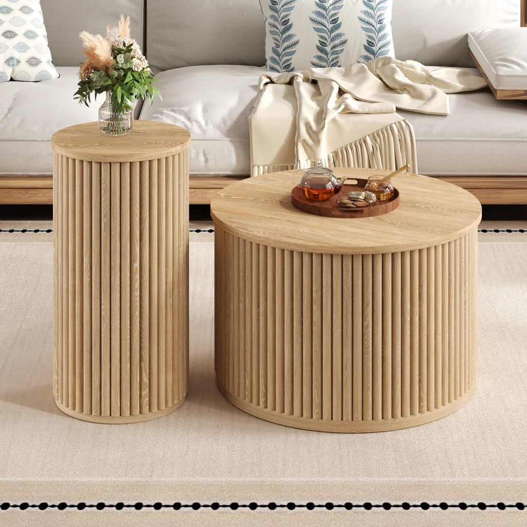 Tavolini da Caffè Rotondi Nidificabili con Motivo a Righe 3D; Stile Moderno; in MDF; Naturale; 60×60×38;5 cm