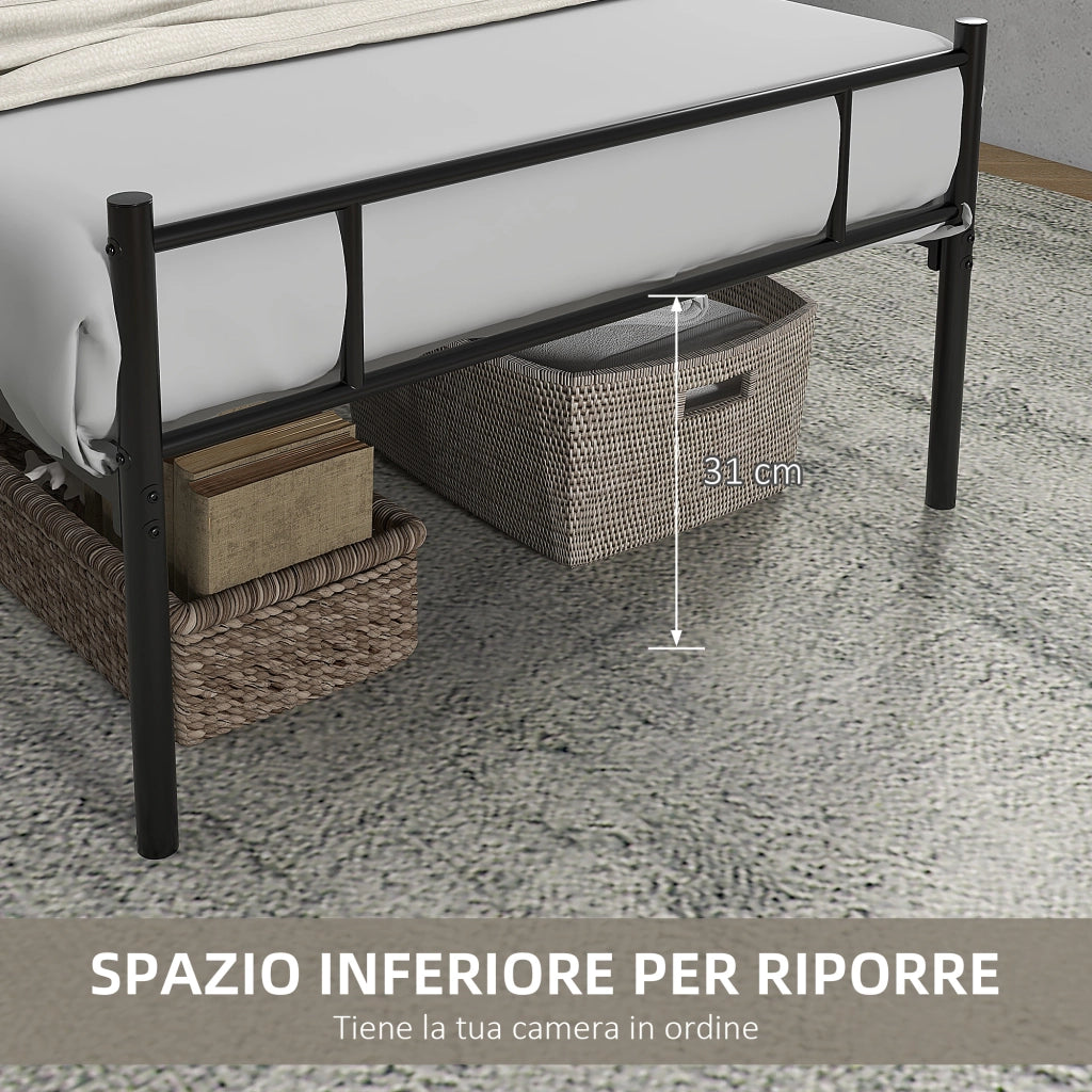 Struttura Letto Singolo in Acciaio 90x200cm con Doghe, Testiera e Pediera, Nero