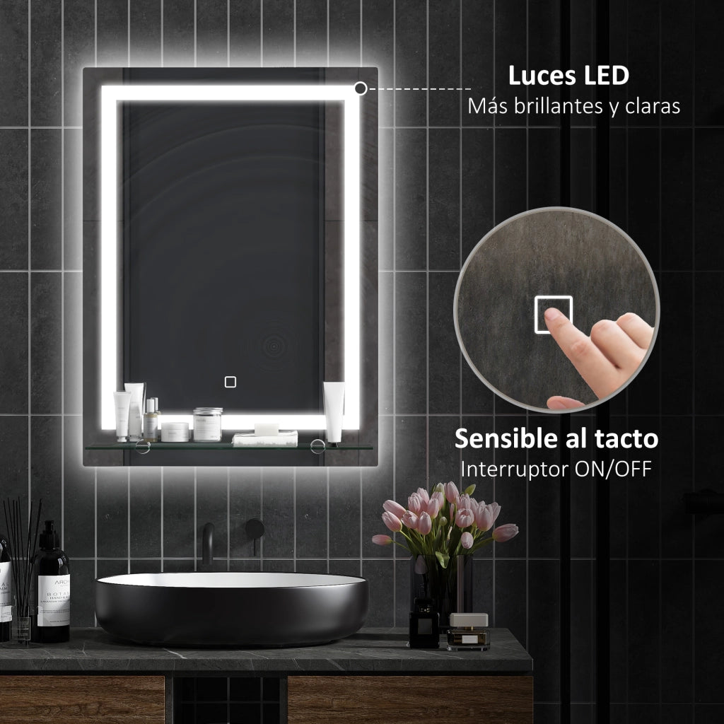 Specchio da Bagno con LED e Ripiano in Vetro ¨C Zephmum ¨C 50x70 cm Argento