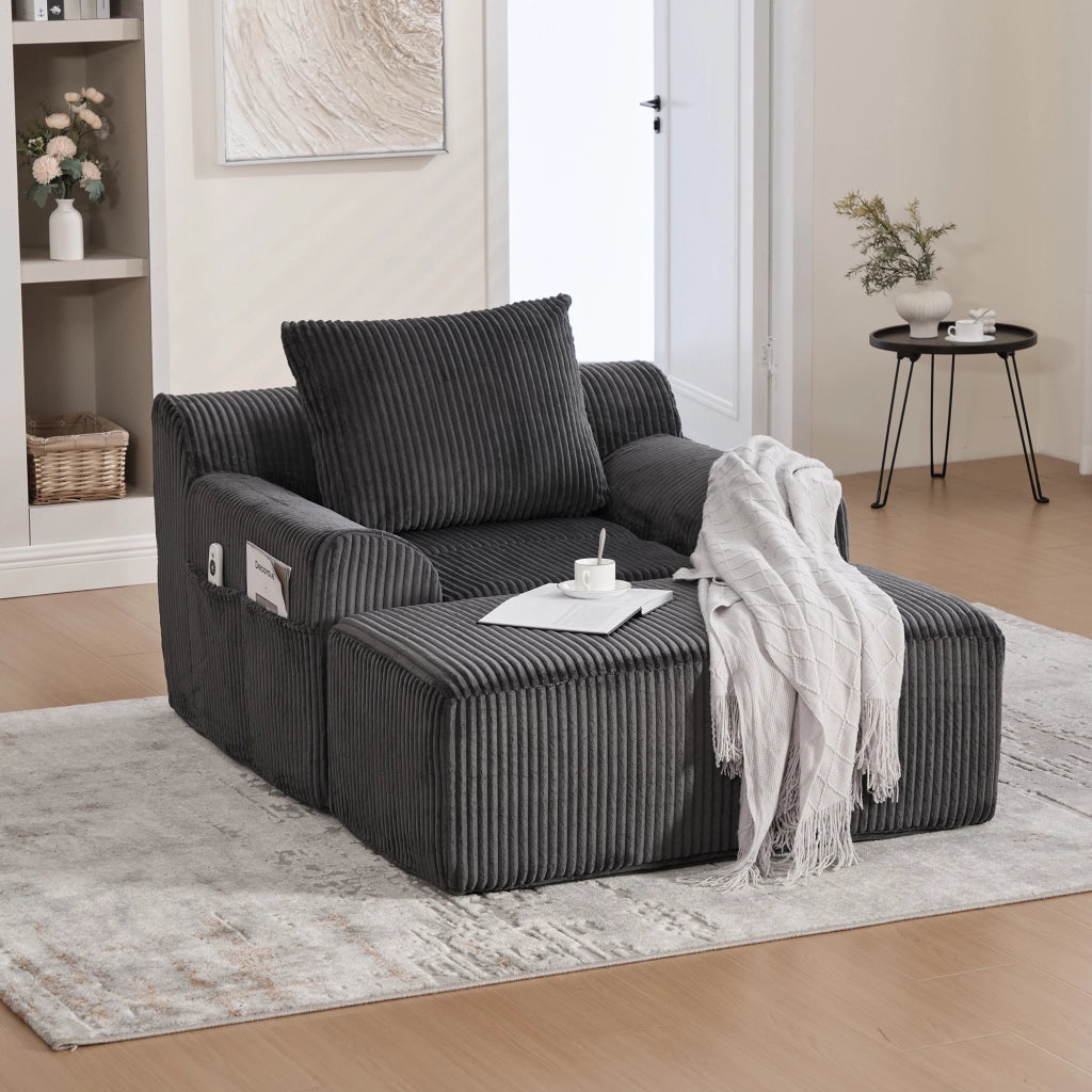 OKWISH Poltrona con Poggiapiedi, Seduta Profonda con Tasche Laterali, Design Minimalista, Velluto a Coste Grigio Scuro