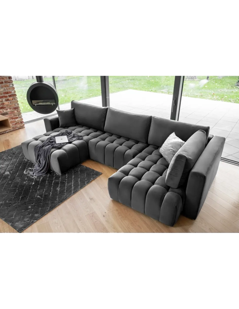 Divano angolare BONITA convertibile 6 posti grigio scuro tessuto – sinistra – 350x175cm