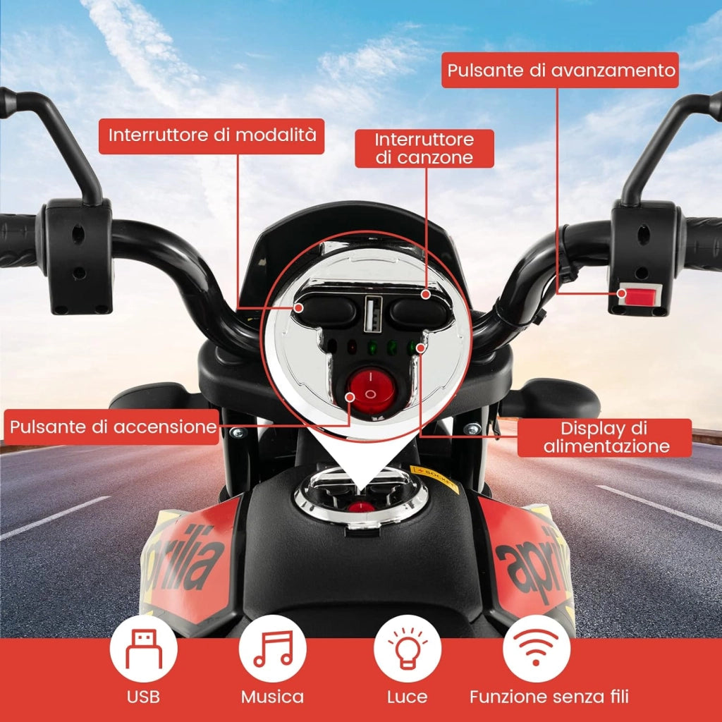 12V Aprilia Moto Cavalcabile per Bambini, Motocicletta Elettrica con Ruote Ausiliarie e Musica Wireless, Sospensione a Molla, Moto Elettrica alla Moda per Bambini 3-8 Anni (Rosso)