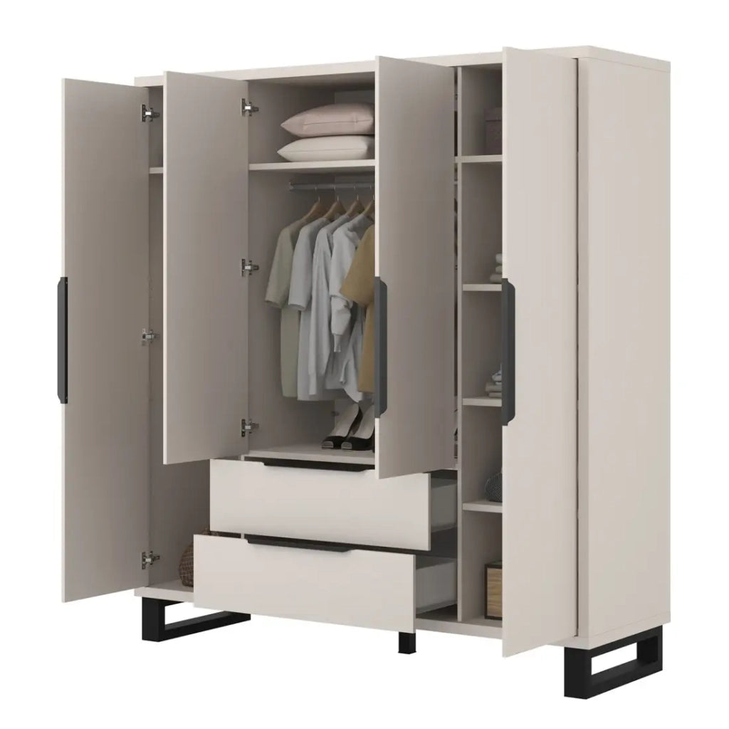 Armadio MILOS 4 porte cachemire con 2 cassetti e maniglie in metallo 191 cm
