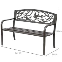 Panchina da giardino Impermeabile Acciaio e Ghisa per Esterni, Schienale con Decorazioni Motivo Naturale, 127x60cm, Marrone