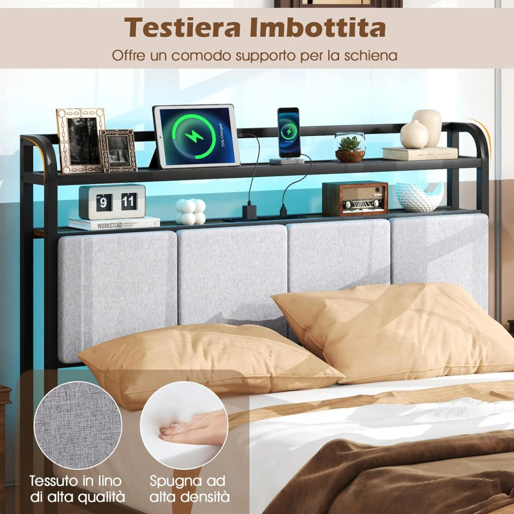COSTWAt Letto Matrimoniale 220 x 140 cm con Luci LED a Telecomando, Struttura Letto con Stazione d Ricarica, Telaio Letto con Testiera Rivestita in Lino, Capacità di 500 kg, Marrone Rustico