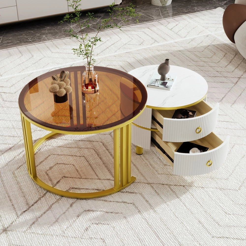 Tavolino da Caff¨¨ Rotondo Set 2 Pezzi ¨C MINIMAL ¨C MDF/Vetro Temperato, Bianco/Marrone, 70x70x45 + 50x50x40 cm