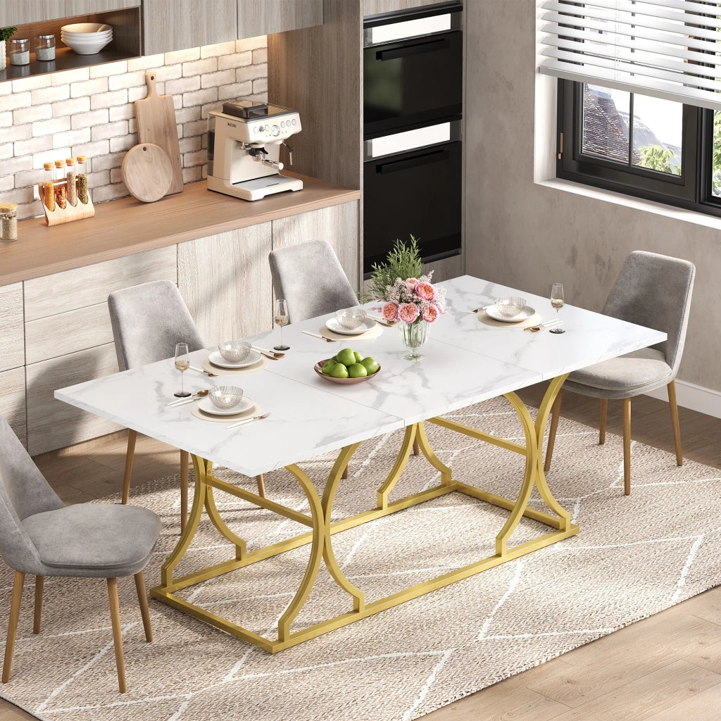 Tavolo da Pranzo 200x80x76 cm per 8-10 Persone; Piano Effetto Marmo Bianco e Gambe in Metallo Dorato