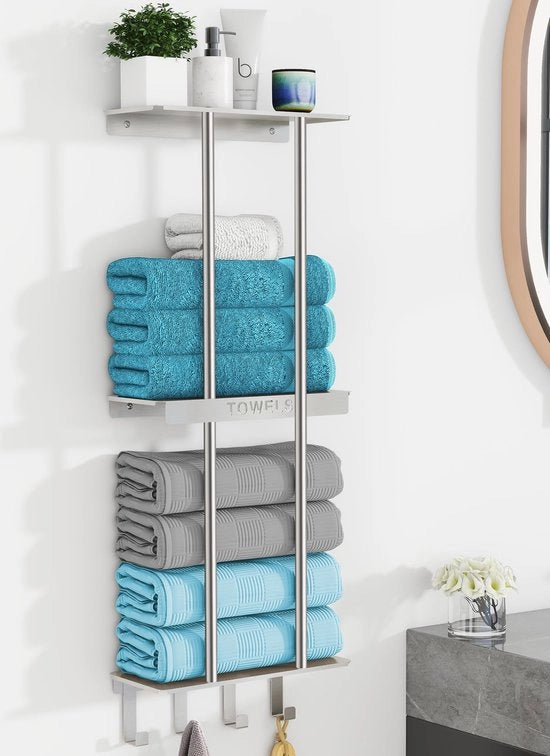 Supporto per Asciugamani Bagno, Nuovo aggiornato 3 strati di asciugamani con pannello metallico e 4 ganci, Supporto per Asciugamani per grandi asciugamani, Deposito per Asciugamani, Asciugamani a Soffitto Argento 86cm