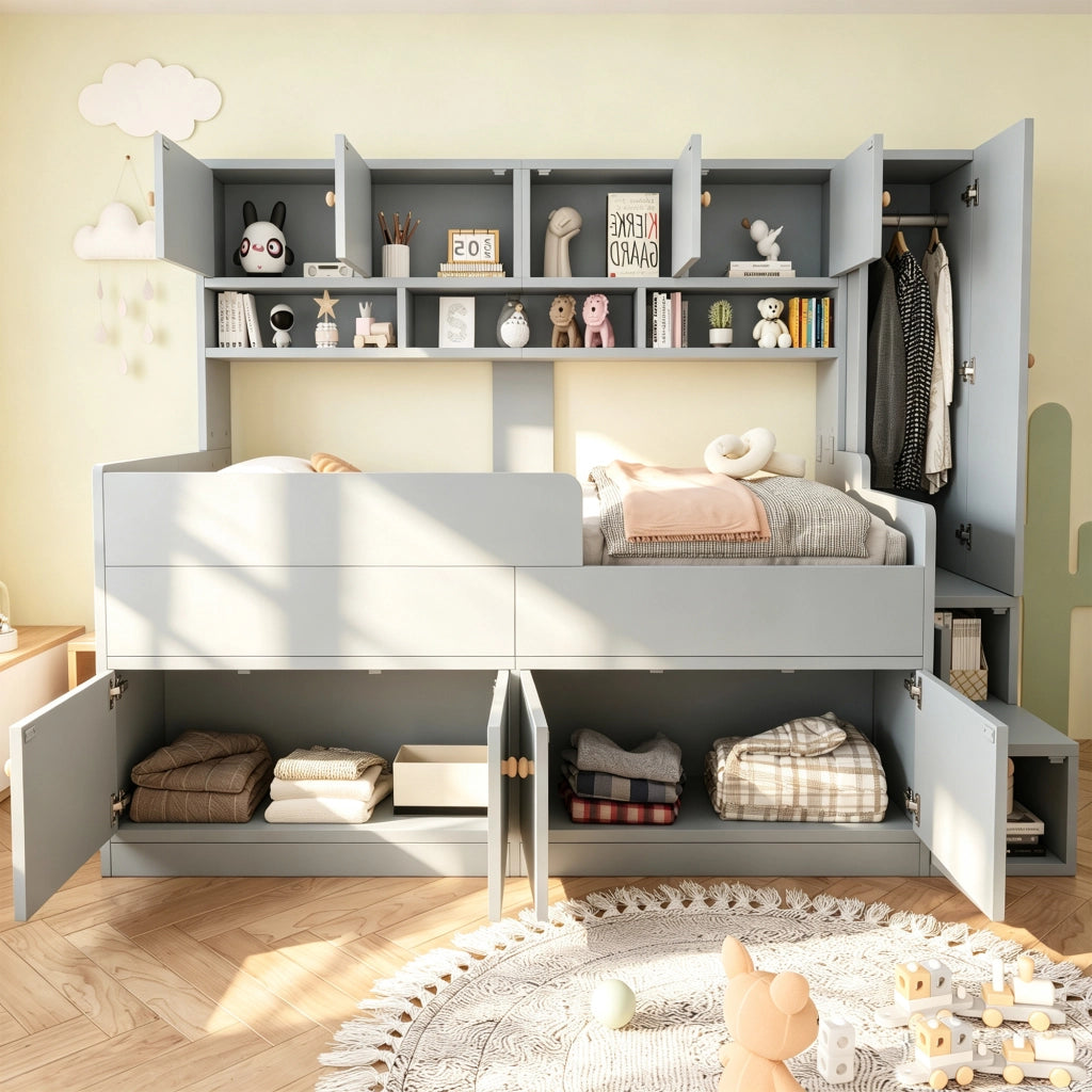 Letto a soppalco 90x200 cm con armadio; ripiani; scala; LED e parapetto di sicurezza; legno grigio