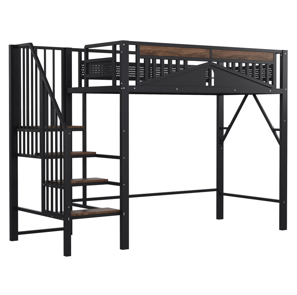 Letto a soppalco 90x200 cm con scala di sicurezza e vani portaoggetti in metallo nero