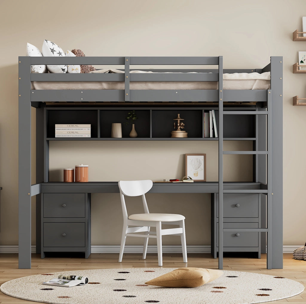 Letto a soppalco 90x200 cm con scrivania e cassetti grigio