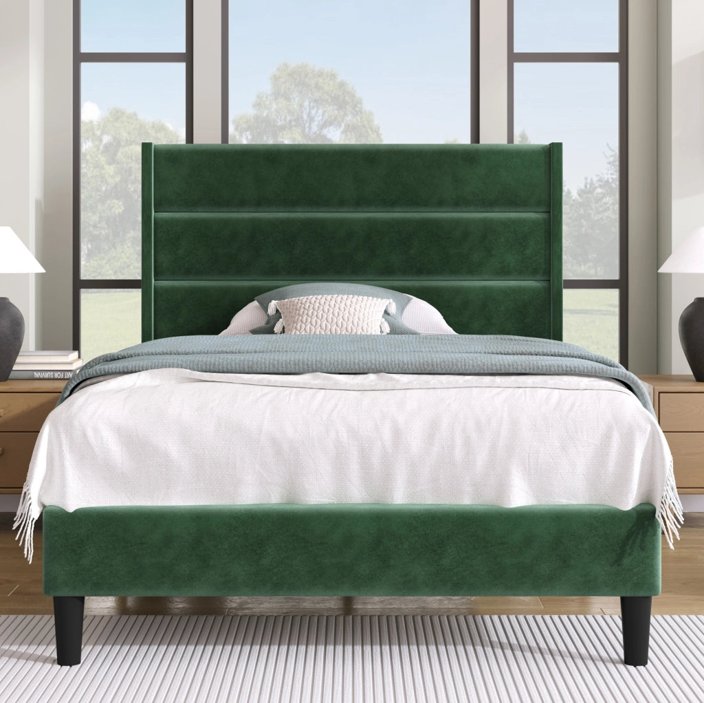 Letto imbottito 90 x 200 cm in velluto verde scuro con rete e testiera