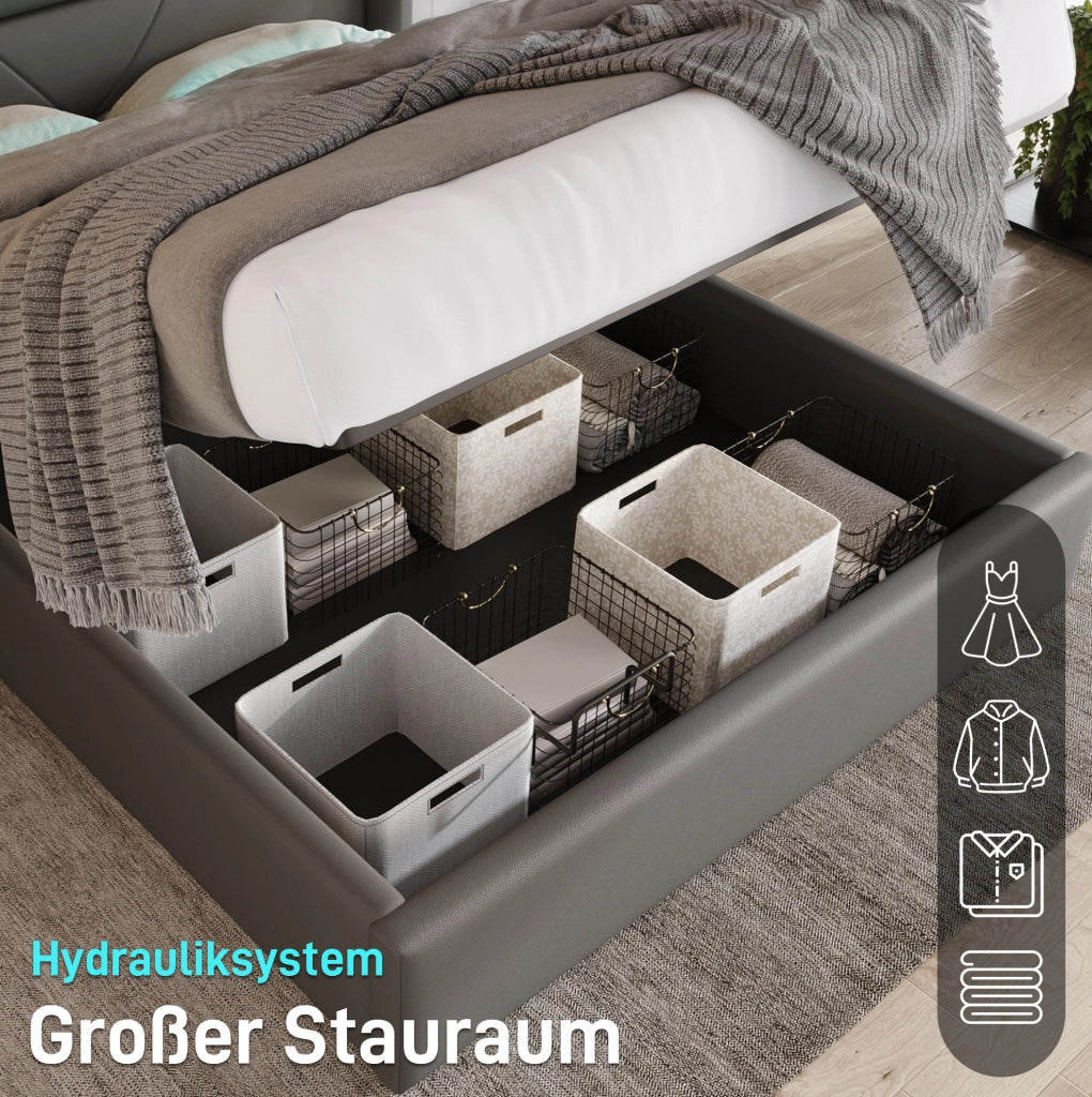 Letto matrimoniale imbottito 160x200 cm con contenitore; LED e rete sollevabile; grigio