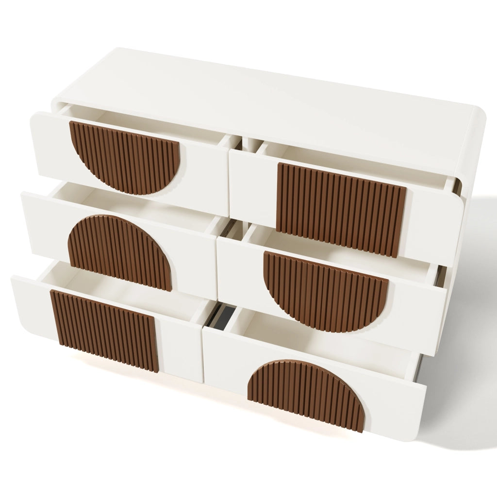 OKWISH Comò con 6 Cassetti e Bordi Curvi, Guide Scorrevoli Silenziose e Dispositivo Antiribaltamento, 121 x 41 x 71 cm