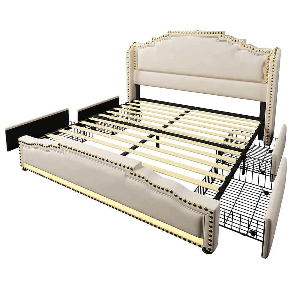 Letto matrimoniale-Xylo-140x200 cm-4 cassetti, LED, USB-C, velluto beige, senza materasso