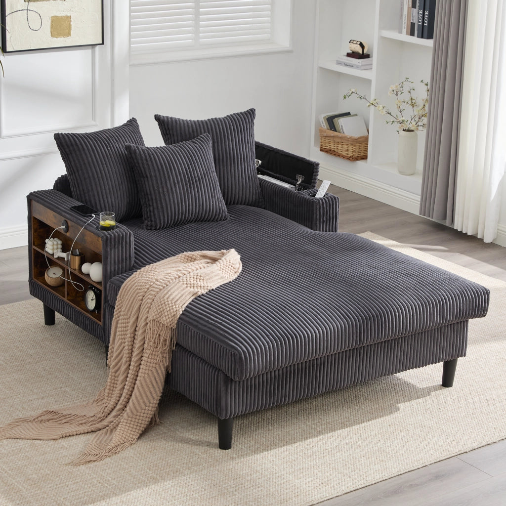 Chaise longue in velluto a coste scuro con porta bevande, LED, USB, contenitore e 3 cuscini
