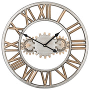 Orologio da Parete Argento Anticato Cornice in Ferro Design Industriale Ingranaggi Numeri Romani Rotondi 46 cm
