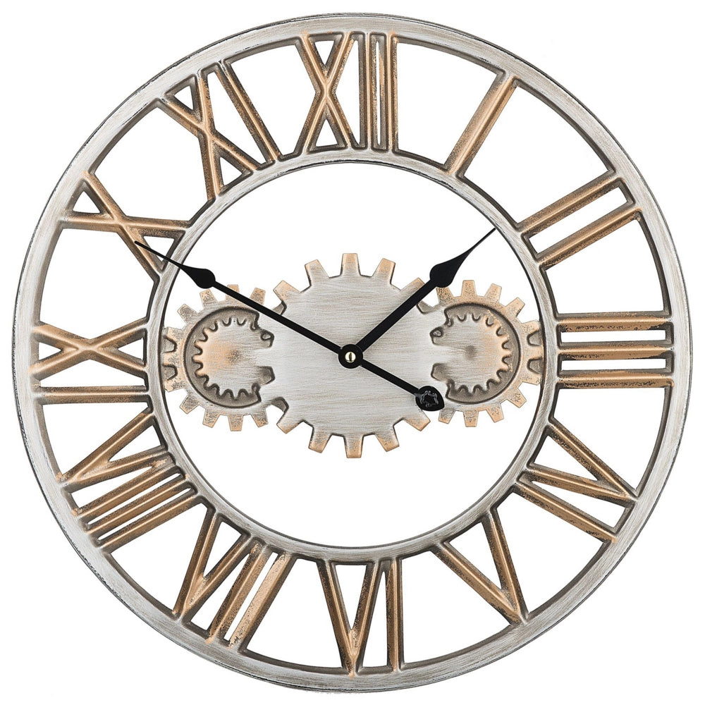 Orologio da Parete Argento Anticato Cornice in Ferro Design Industriale Ingranaggi Numeri Romani Rotondi 46 cm