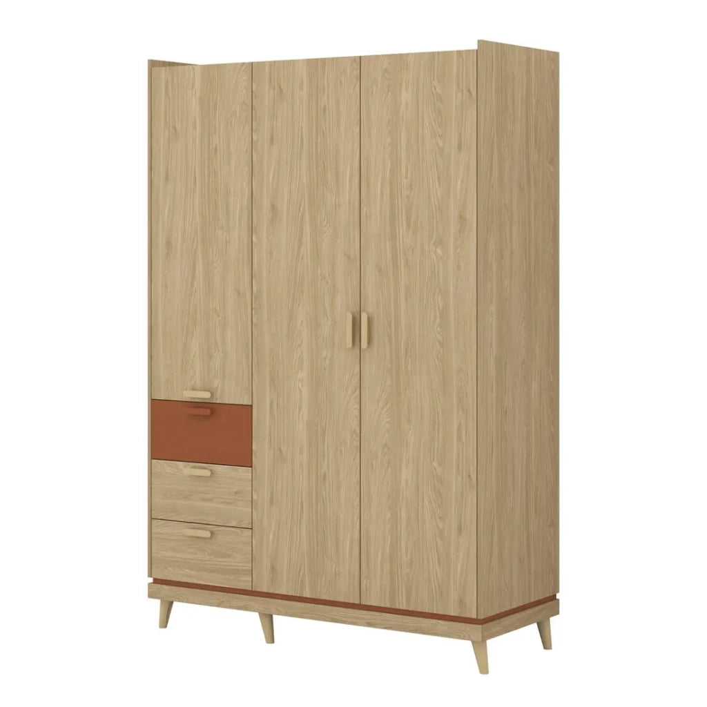 Set camera NOKI – Letto 160x200 + armadio 3 porte + cassettiera + comodino – Rovere chiaro e moka stile scandinavo