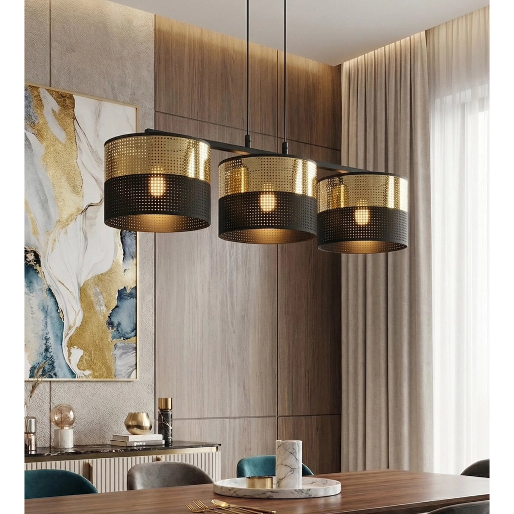 Lampada a sospensione Lux in acciaio nero e oro