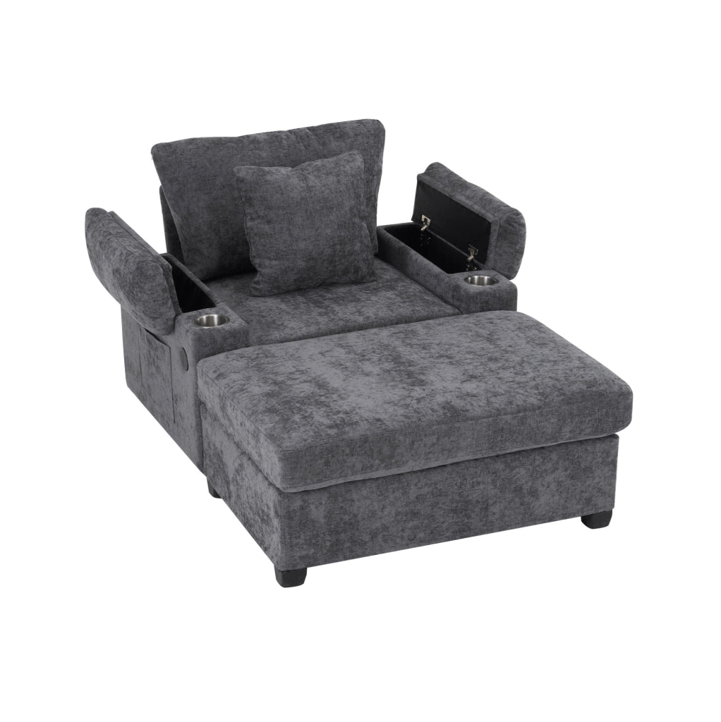 Poltrona reclinabile in chenille grigio scuro con portabicchieri e vano contenitore; 90°
