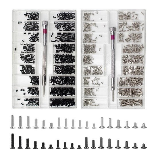 Set di riparazione con viti piccole per occhiali e orologi - Componenti in acciaio inossidabile - Nero e argento - Per orologi, computer e altro